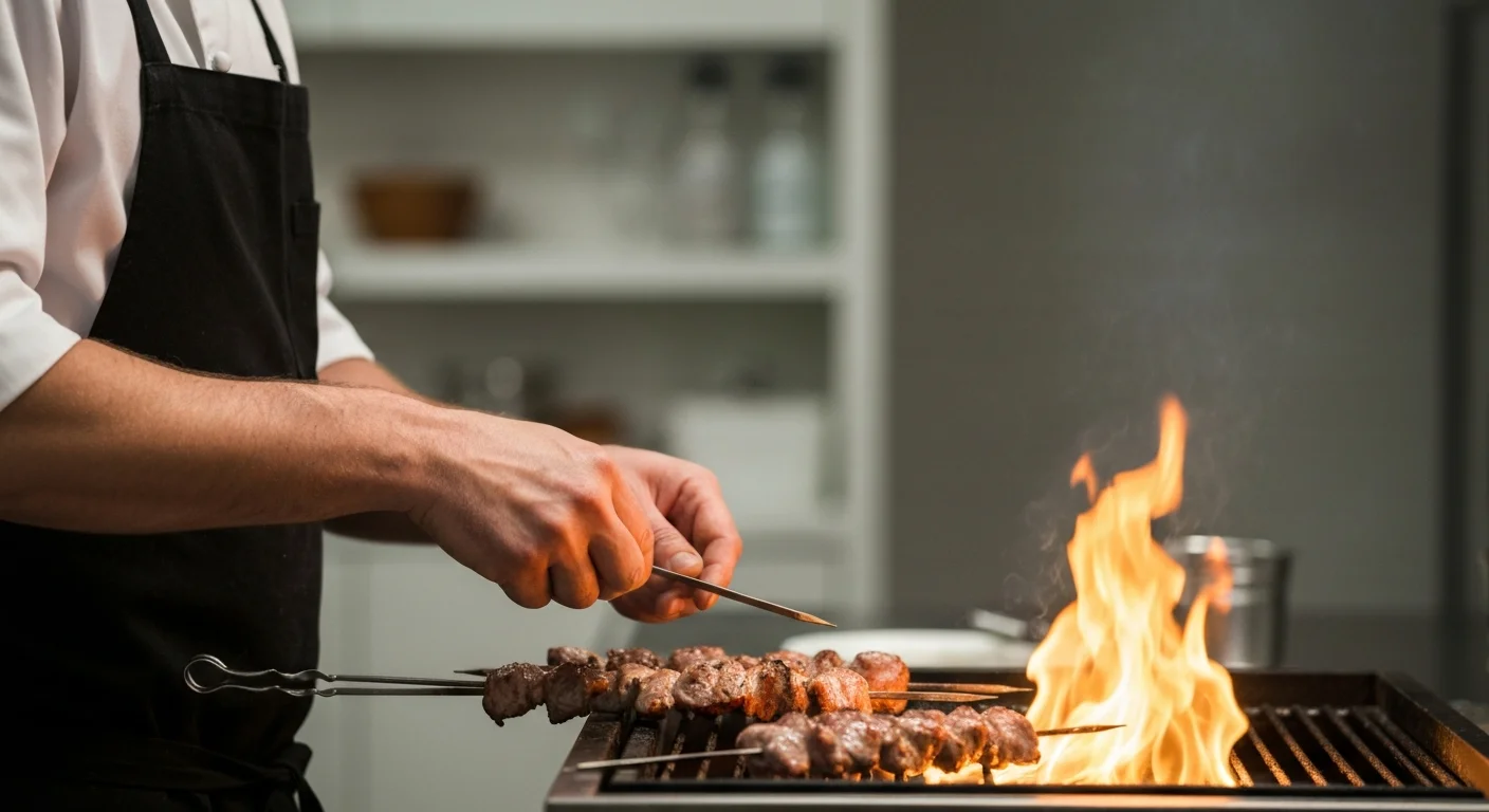 炭火で焼き上げた串焼きを白い皿に盛り付けたクローズアップ
