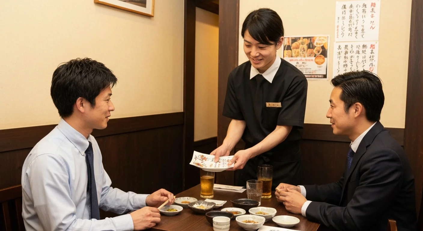 木のカウンター越しに来店客へ料理を手渡す接客中のスタッフ